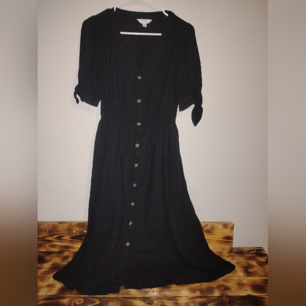 53% Linen Black Button-Down Dress SMALL